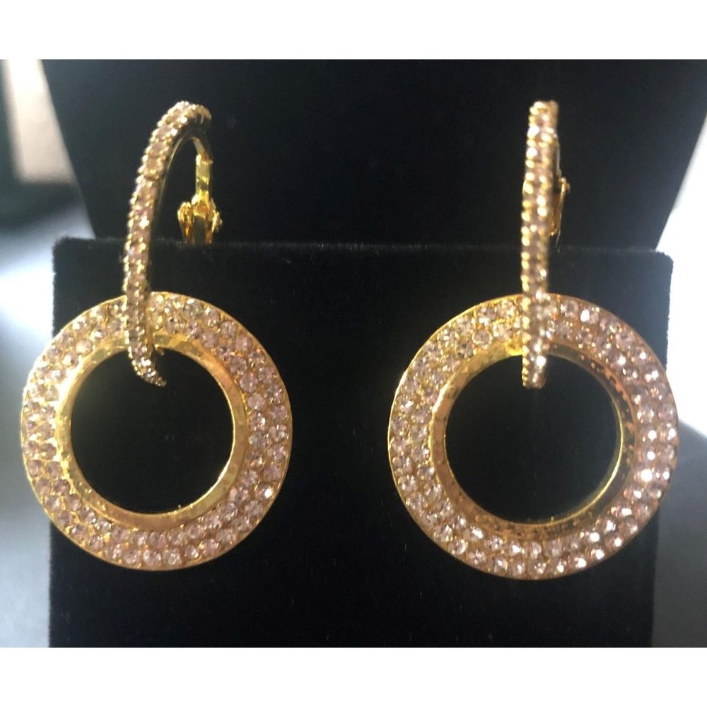 Double Loop Goldtone Dangling Earrings Rhinestones